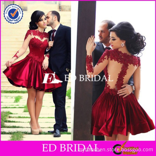 CE1149 Best Selling Wholesale Sheer Long Sleeve Red Appliques Lace Cocktail Dress